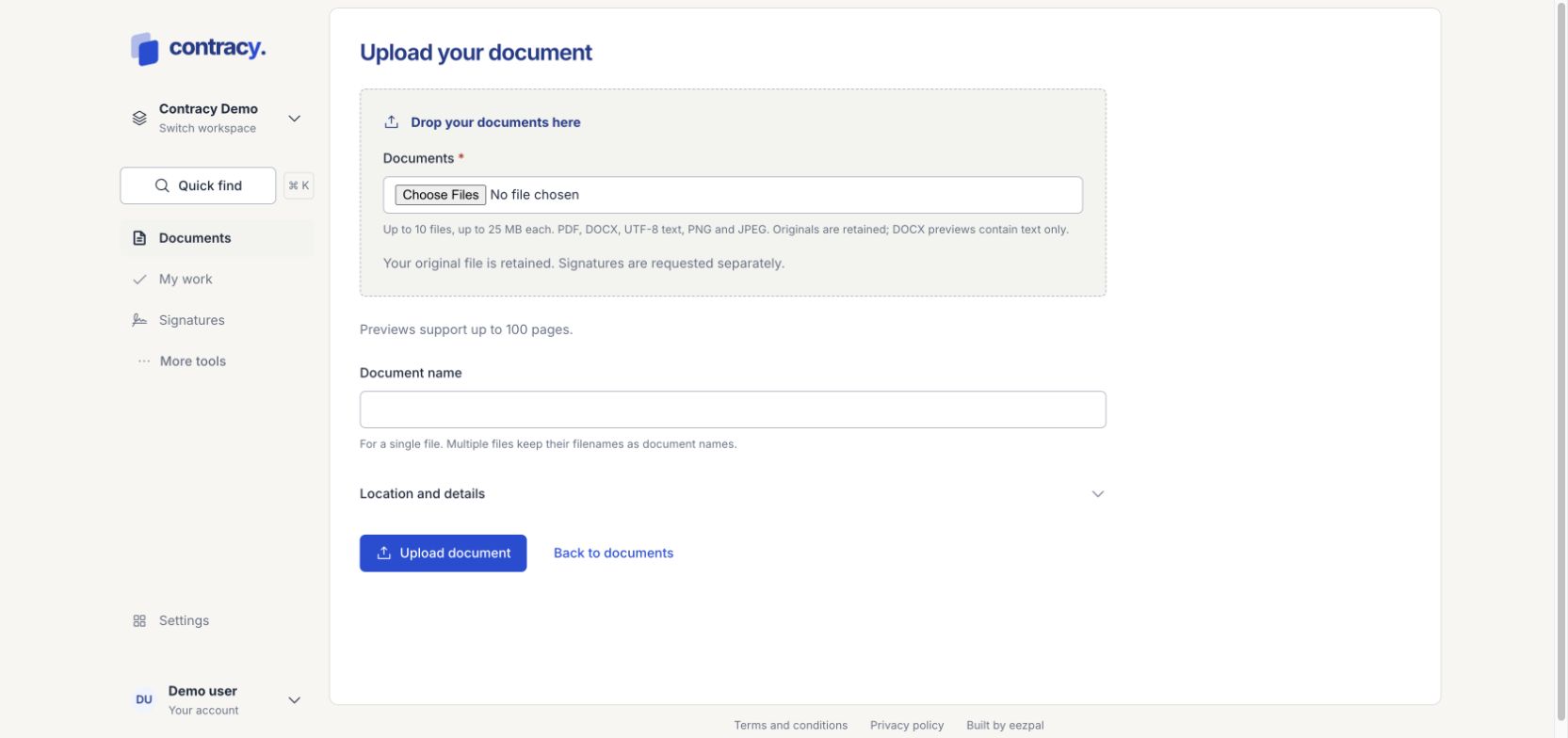 Contracy upload screen with supported file types, document name and optional location details