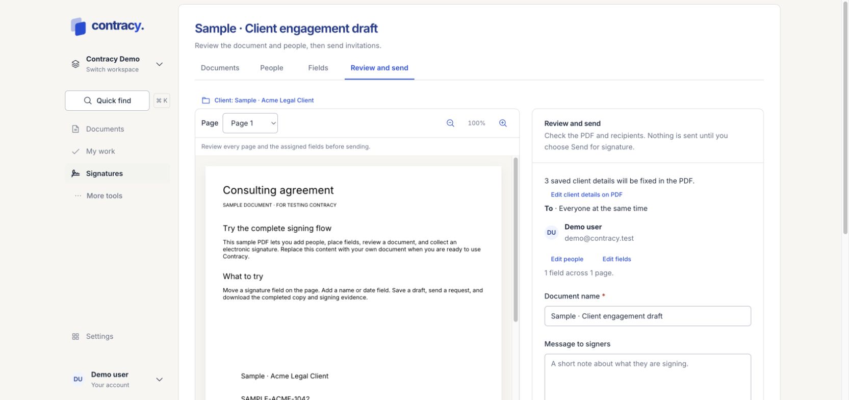 Contracy Review and send screen with the PDF preview, demo recipient and Send for signature button