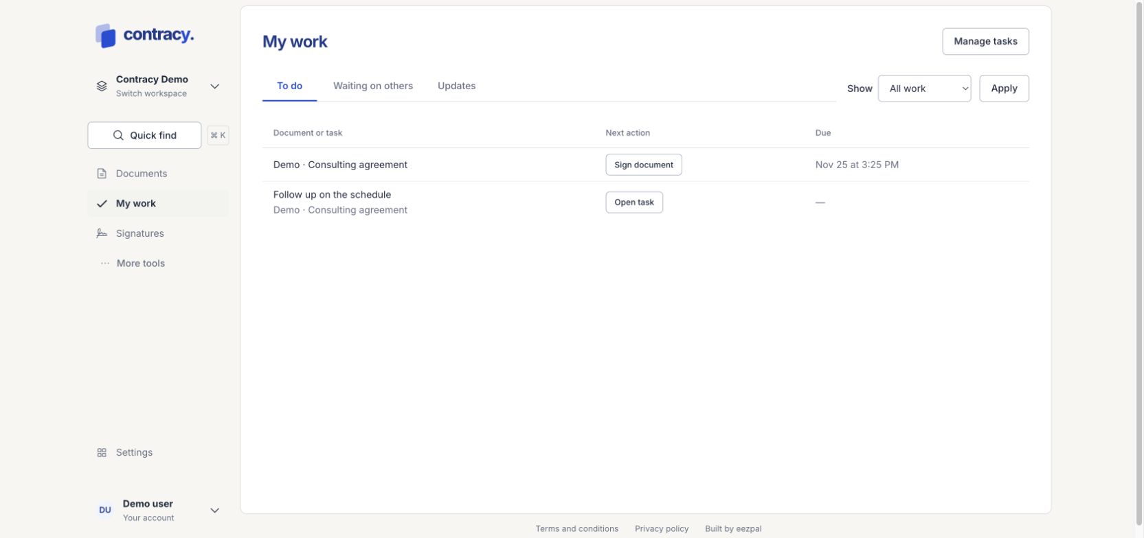 Contracy My work screen with To do, Waiting on others and Updates and fictional demo assignments